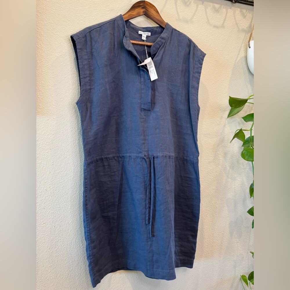 James Perse Dress 100% Linen Drawstring
Waist Sleeveless Dress